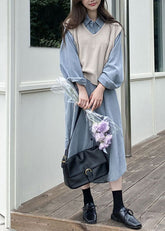 Vestido y chaleco de mezclilla con cuello Peter Pan azul francés, dos piezas